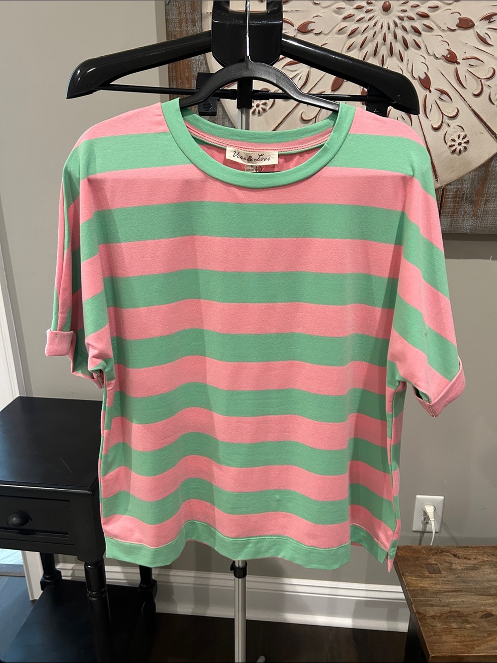 Vine & Love Woman’s Pink & Mint Striped Short Sleeve Tee/ Size Medium